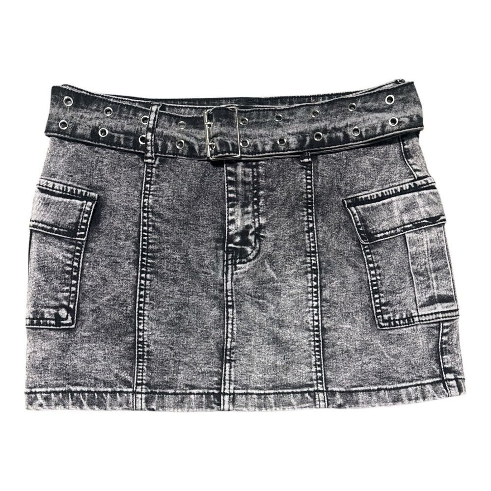 Windsor Mini Skirt Size L Denim Cargo Belted Gray Acid Wash Y2K